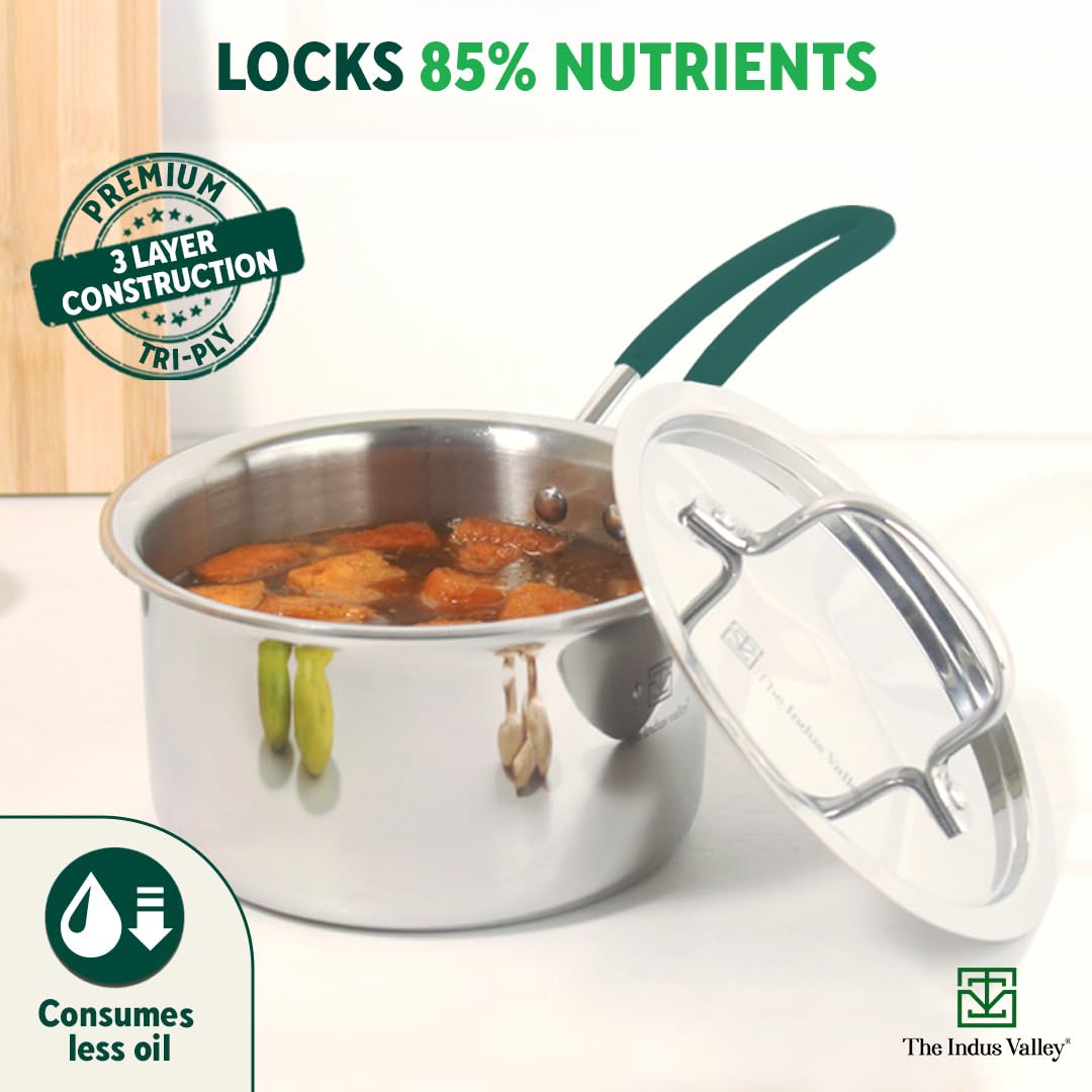 Triply Stainless Steel Sauce Pan Or Milk Pan With Steel Lid For 3-4 People | Medium, 19cm, 7.5 Inch, 2 Liters, 1.3 Kg - Induction Friendly, Nonstick 3-Layer Body, 100% Pure & Toxin-Free Triply Stainless Steel Sauce Pan Or Milk Pan With Steel Lid For 3-4 People | Medium, 19cm, 7.5 Inch, 2 Liters, 1.3 Kg - Induction Friendly, Nonstick 3-Layer Body, 100% Pure & Toxin-Free