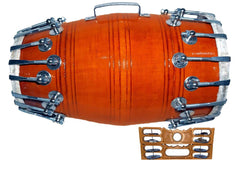Wooden Nut & Rope Goat Skin Dholak With Khartal, Beautiful Shiny Color Orange - Perfectly Symmetric Round Dholak | Dholak For Festival, Wedding, Satsang - Very Easy To Tune, Easy To Learn