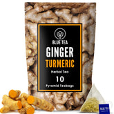 Blue Tea Caffeine Free Ginger Turmeric Herbal Tea - 10 Pyramid Tea Bags In Zipper Pack | Enhances Immune System - Gluten Free, Non-GMO