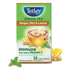 Tetley Ginger, Mint & Lemon Green Tea - 25 Tea Bags Envelopes | Immune With Added Vitamin C - Rich In Antioxidants, Low Caffeine