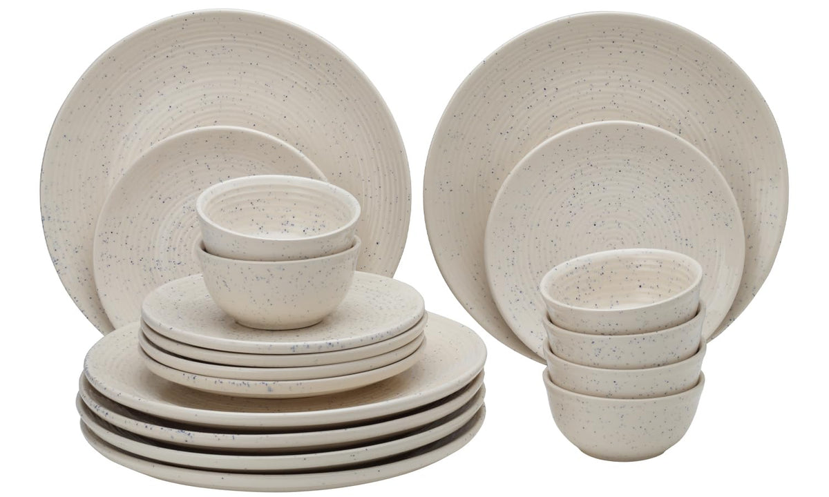 Handcrafted Ceramic Stoneware Dinner Set Of 18 Pcs - Ivory White | 6 Dinner Plates, 10.6 Inch Each + 6 Small Plates, 7.4 Inch Each + 6 Small Dinner Bowl, 180ml Each - Microwave & Dishwasher Safe