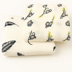 Organic Cotton Muslin Baby Bath Towel 200 Gsm | Cotton Cloth Premium Baby Washable Reusable, Absorbent, Extra Soft (Monkey & Black Feather)- Pack Of 2