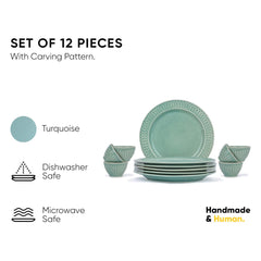 Ceramic Dinner Set Of 12 Pcs, Light Mint | Crockery Set For Dining Table - Dining Sets Crockery Items With Glossy Finish | 6 Dinner Plates+ 6 Veg Bowls, 200ml Each