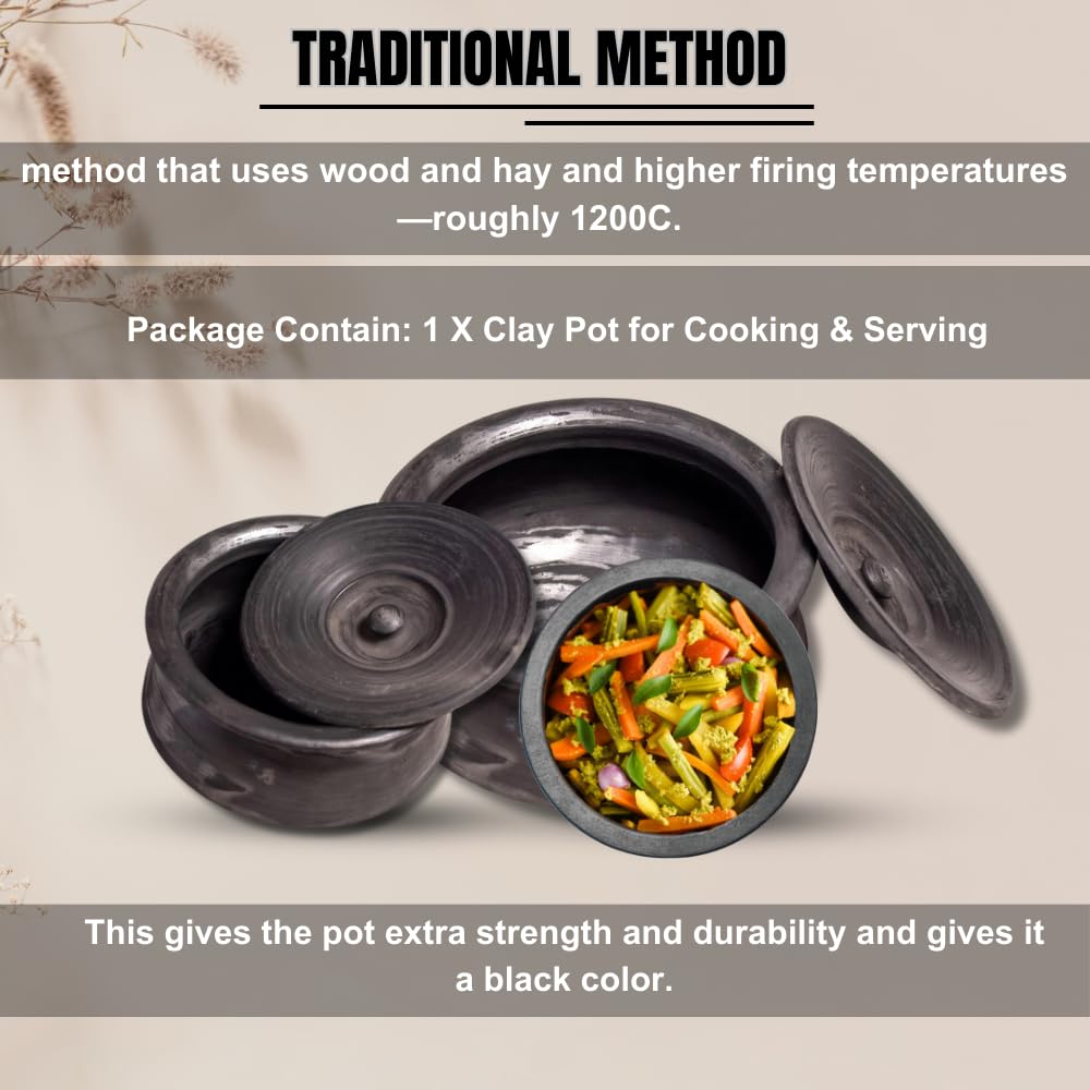 Exclusive Range Unglazed Earthen Clay Pot With Lid | Biryani Handi - Clay Kadai With Natural Firing Shade & Mirror Shine 2 Liters, Black Exclusive Range Unglazed Earthen Clay Pot With Lid | Biryani Handi - Clay Kadai With Natural Firing Shade & Mirror Shine 2 Liters, Black