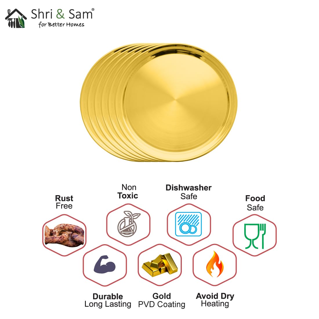 Majestic High Grade Stainless Steel Full Plate With Gold PVD Coating - Set Of 6 Pieces | Easy To Clean & Dishwasher Safe Majestic High Grade Stainless Steel Full Plate With Gold PVD Coating - Set Of 6 Pieces | Easy To Clean & Dishwasher Safe