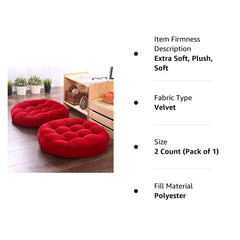 Polyester Round Velvet Floor Cushions Pillows For Living Room, Red - 50 X 50 Cm | For Outdoor, Floor Cushions, Tatami Cushion, Patio Cushion, Balcony Cushion, Floor Seating - Pack Of 2