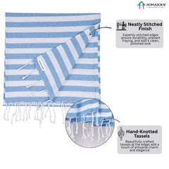 Homadorn 100% Cotton Striped Fouta Bath Towels 350 Gsm | Soft Quick Dry & Absorbent Hand-Knotted Tassels | Turkish Hamam Towel (Blue- White)