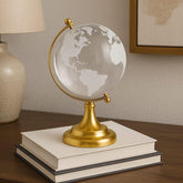 Luxury Crystal Globe With Golden Stand, For Desk Or Office Decor, Modern Decorative Glass Globe With Etched Continents (Gold & White) Medium, Pack Of 1