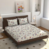 Polycotton Flat Bedsheet For King Size With 2 Pillow Covers - 90 X 108 Inches, Cream & Blue | Softness & Long-Lasting Durability