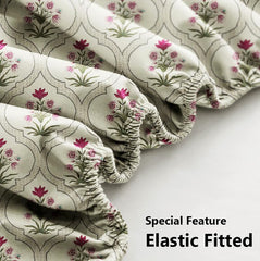 Cotton Elastic Fitted Bedsheets With 2 King Size Pillow Covers | 72 X 78 Inches, Almond & Pink - Double Bed Wrinkle Free With All Around Elastic 220 TC Super Soft