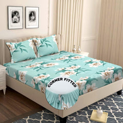 Elastic Fitted Double Bedsheets For Queen Size With 2 Pillow Covers - Size 72 X 68 X 6 Inches, Mint Green & Off White | Double Bed With Corner Elastic | Wrinkle Free Super Soft Floral Breathable