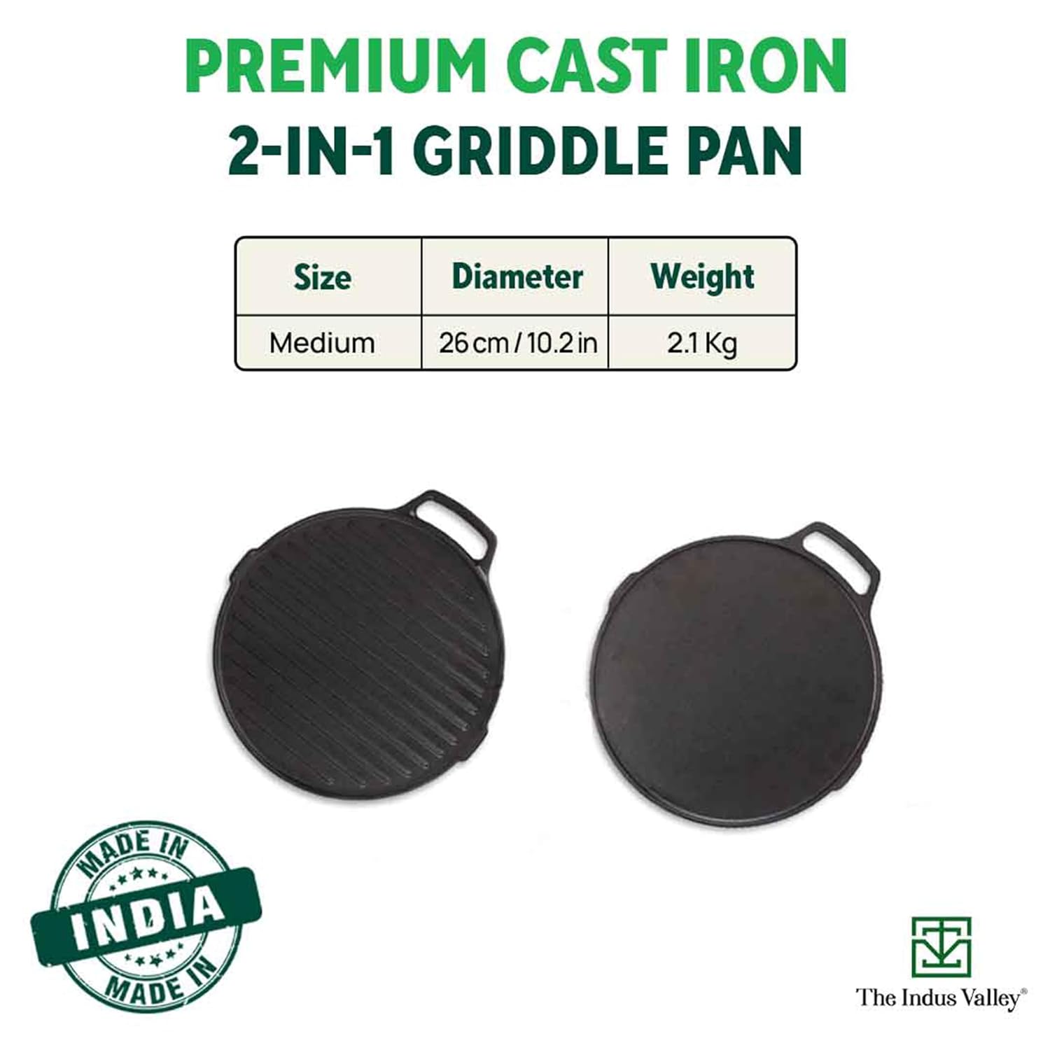 Pre-Seasoned Black Cast Iron Round Griddle Pan With Double Handle - Medium, 26 Cm, 10.2 Inch, 2.1 Kg | Gas Compatible, 100% Pure & Toxin-Free, No Chemical Coating Pre-Seasoned Black Cast Iron Round Griddle Pan With Double Handle - Medium, 26 Cm, 10.2 Inch, 2.1 Kg | Gas Compatible, 100% Pure & Toxin-Free, No Chemical Coating