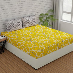 Cotton 144 TC Elastic Fitted Bedsheets For Double Bed With 2 Pillow Covers | Long Lasting & Soft To Touch - Soft & Comfortable | 60 X 78 Inches, Yellow & Grey