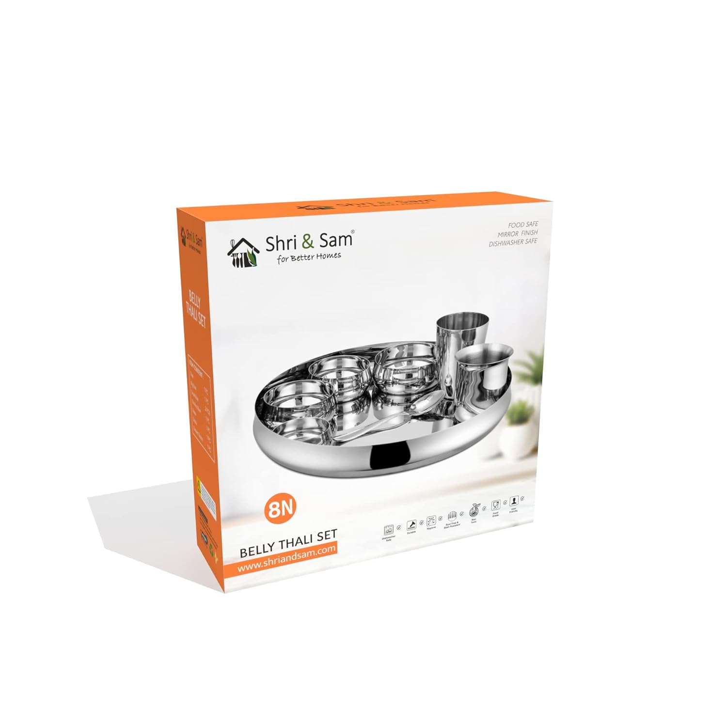Stainless Steel Belly Thali Set Of 8 Pieces, Silver | 1 Thali+ 1 Big Bowl+ 2 Small Bowl+ 1 Chutney Bowl+ 1 Glass+ 1 Dabra+ 1 Dessert Spoon Stainless Steel Belly Thali Set Of 8 Pieces, Silver | 1 Thali+ 1 Big Bowl+ 2 Small Bowl+ 1 Chutney Bowl+ 1 Glass+ 1 Dabra+ 1 Dessert Spoon