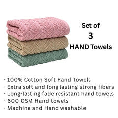 Stamio Cotton Hand Towels 600 Gsm | Home & Kitchen Use, Gym, Wash Basin, Sports | Soft, Absorbent, Quick Dry, Full Large Size (Set Of 3)- Light Pink, Beige & Mint Green