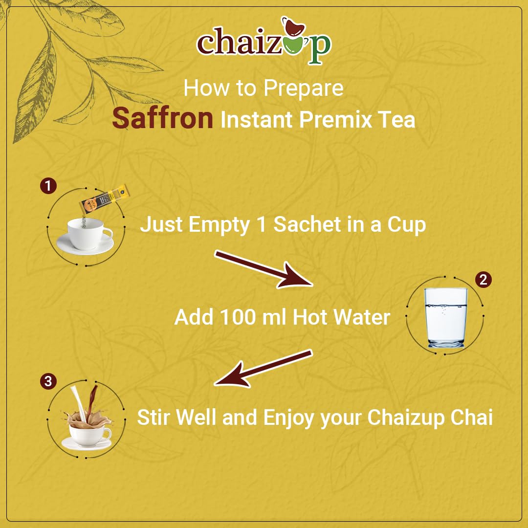 Chaizup Premium 1 Min Instant Saffron Tea Premix - 140gm, 4.9 Ounce, 10 Sachets | Instant Kesar Chai Powder - Just Add Hot Water | Low Caffeine Chaizup Premium 1 Min Instant Saffron Tea Premix - 140gm, 4.9 Ounce, 10 Sachets | Instant Kesar Chai Powder - Just Add Hot Water | Low Caffeine