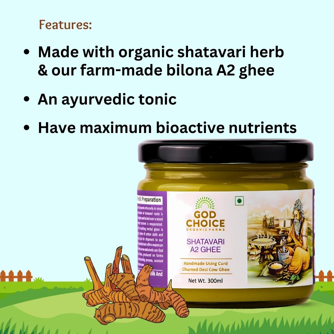 Premium Shatavari A2 Desi Cow Ghee By God Choice Organic Farms | High In Protein Fiber Healthy Desi Ghee For Bakes Cookies | (300ml) 10.1 Ounce | Jar Pack Premium Shatavari A2 Desi Cow Ghee By God Choice Organic Farms | High In Protein Fiber Healthy Desi Ghee For Bakes Cookies | (300ml) 10.1 Ounce | Jar Pack