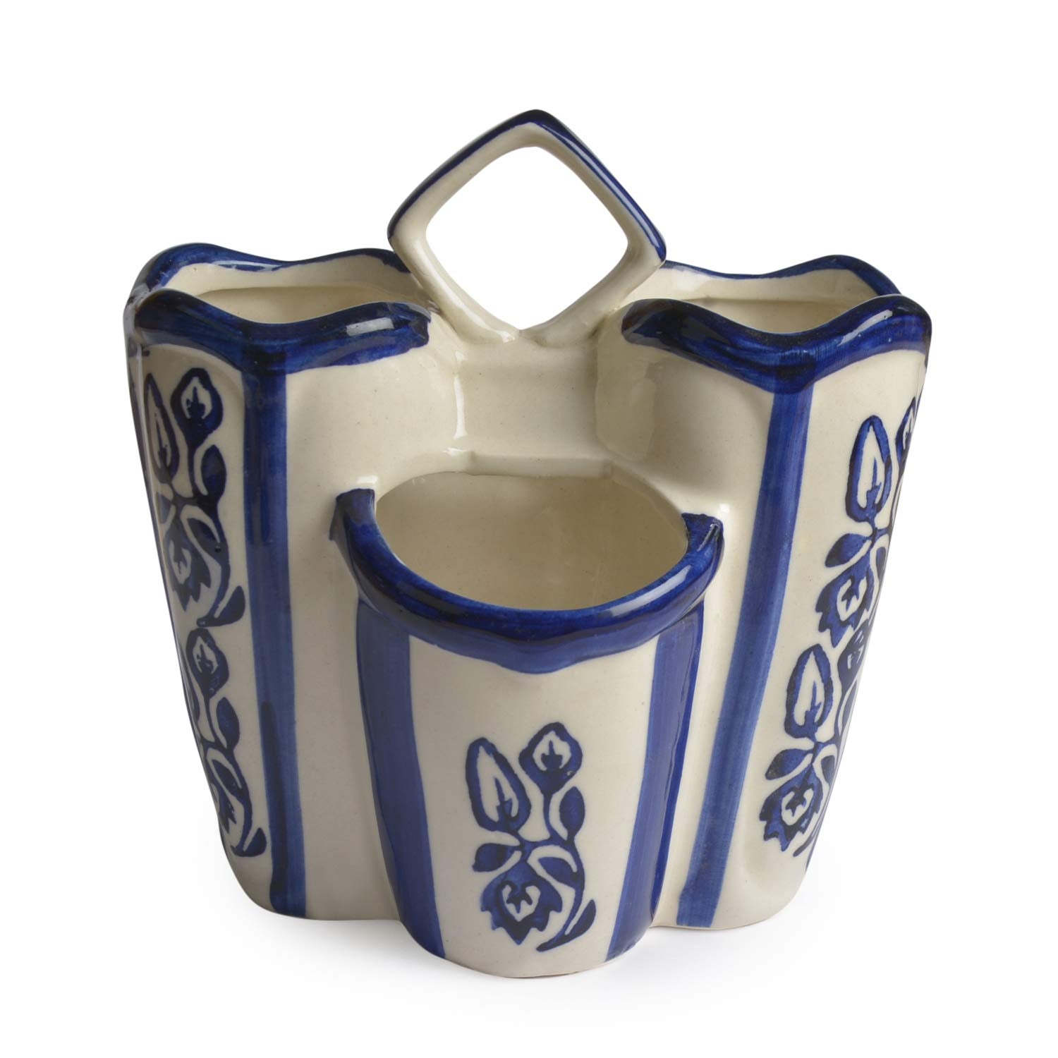 Hand Painted Blue Ceramic Kitchen Cutlery Stand - 3 Compartments | Pen Stand, Spoon Holder - Toothbrush Stand Hand Painted Blue Ceramic Kitchen Cutlery Stand - 3 Compartments | Pen Stand, Spoon Holder - Toothbrush Stand