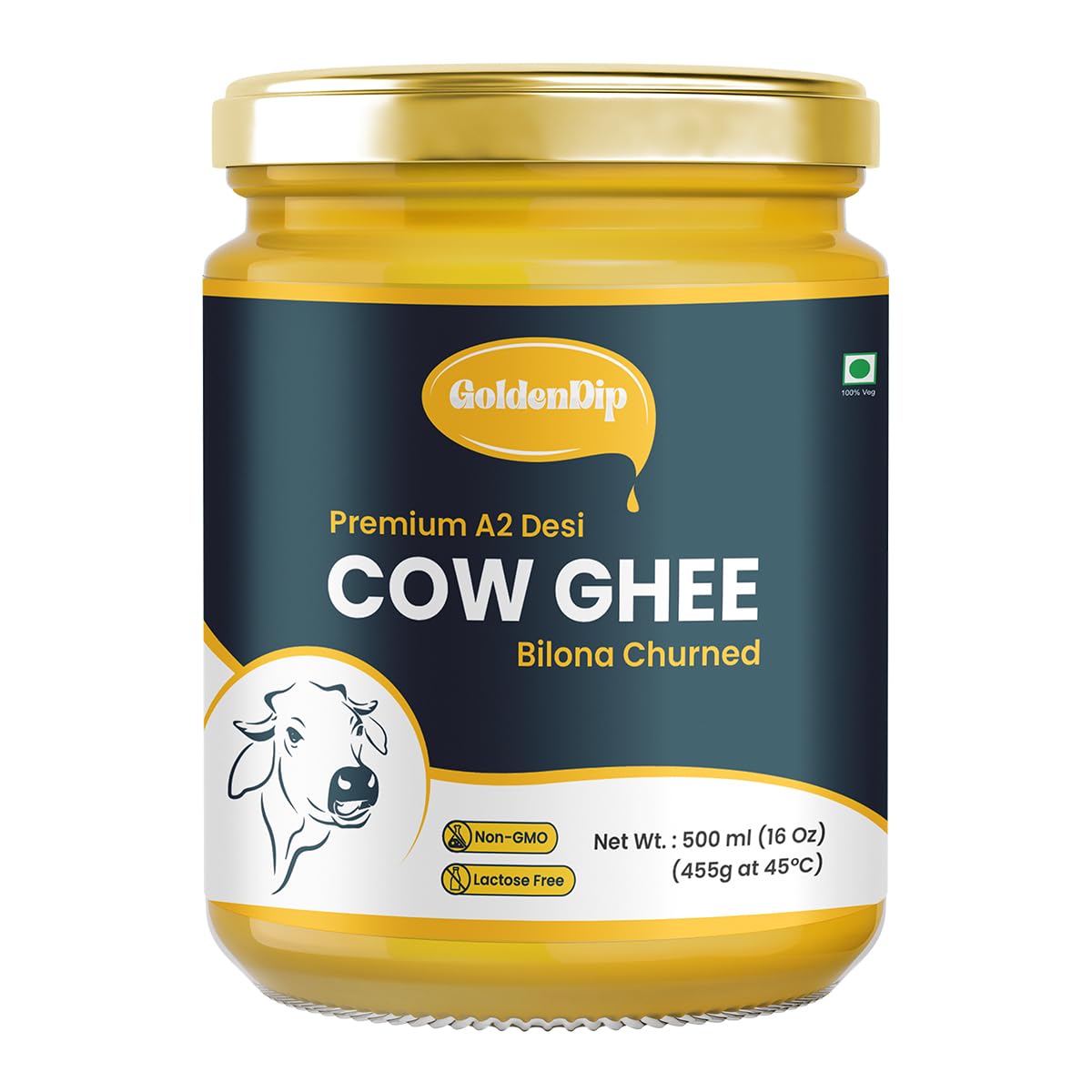 Organic Premium A2 Cow Desi Ghee By Goldendip | Bilona Churned Pure A2 Ghee Makes Your Food Tasty & Healthy | (500ml) 16.9 Ounce | Jar Pack