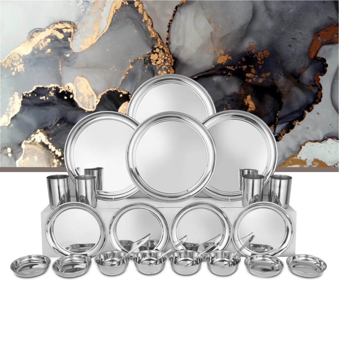 Stainless Steel Shagun Solid Dinner Set Of 24 Pcs, Silver | 4 Dinner Plates+ 4 Side Plates+ 4 Glasses+ 4 Dinner Spoon+ 4 Bidding Bowl+ 4 Pudding Bowl Stainless Steel Shagun Solid Dinner Set Of 24 Pcs, Silver | 4 Dinner Plates+ 4 Side Plates+ 4 Glasses+ 4 Dinner Spoon+ 4 Bidding Bowl+ 4 Pudding Bowl