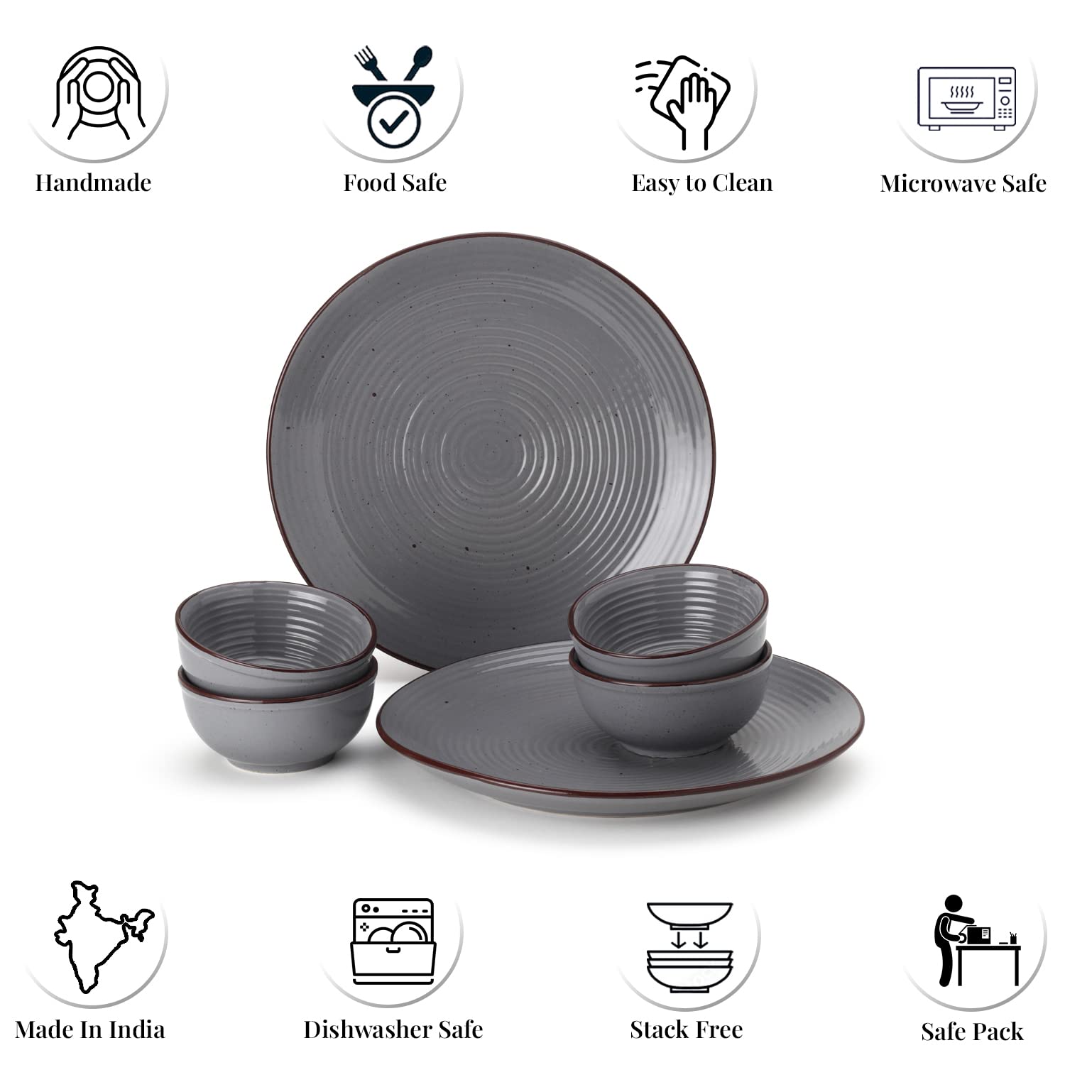 Hand Painted Ceramic Stoneware Dinner Set - Pack Of 6 Pcs, Grey | 2 Dinner Plates, 10 Inch Each + 4 Dinner Katori, 180ml Each - Microwave & Dishwasher Safe Hand Painted Ceramic Stoneware Dinner Set - Pack Of 6 Pcs, Grey | 2 Dinner Plates, 10 Inch Each + 4 Dinner Katori, 180ml Each - Microwave & Dishwasher Safe