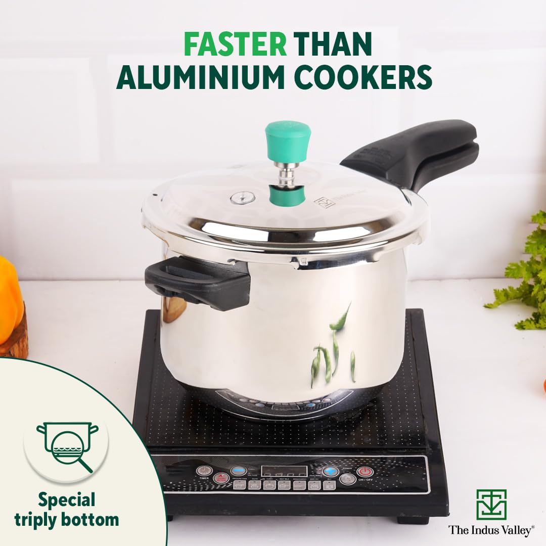 Stainless Steel Pressure Cooker Outer Lid 4.5 Liters For 3-5 People - Medium, 1.8 Kg | Induction Friendly, ISI-Certified, Naturally Non-Stick Tri-Ply Sandwich Bottom, 100% Pure & Toxin-Free Stainless Steel Pressure Cooker Outer Lid 4.5 Liters For 3-5 People - Medium, 1.8 Kg | Induction Friendly, ISI-Certified, Naturally Non-Stick Tri-Ply Sandwich Bottom, 100% Pure & Toxin-Free
