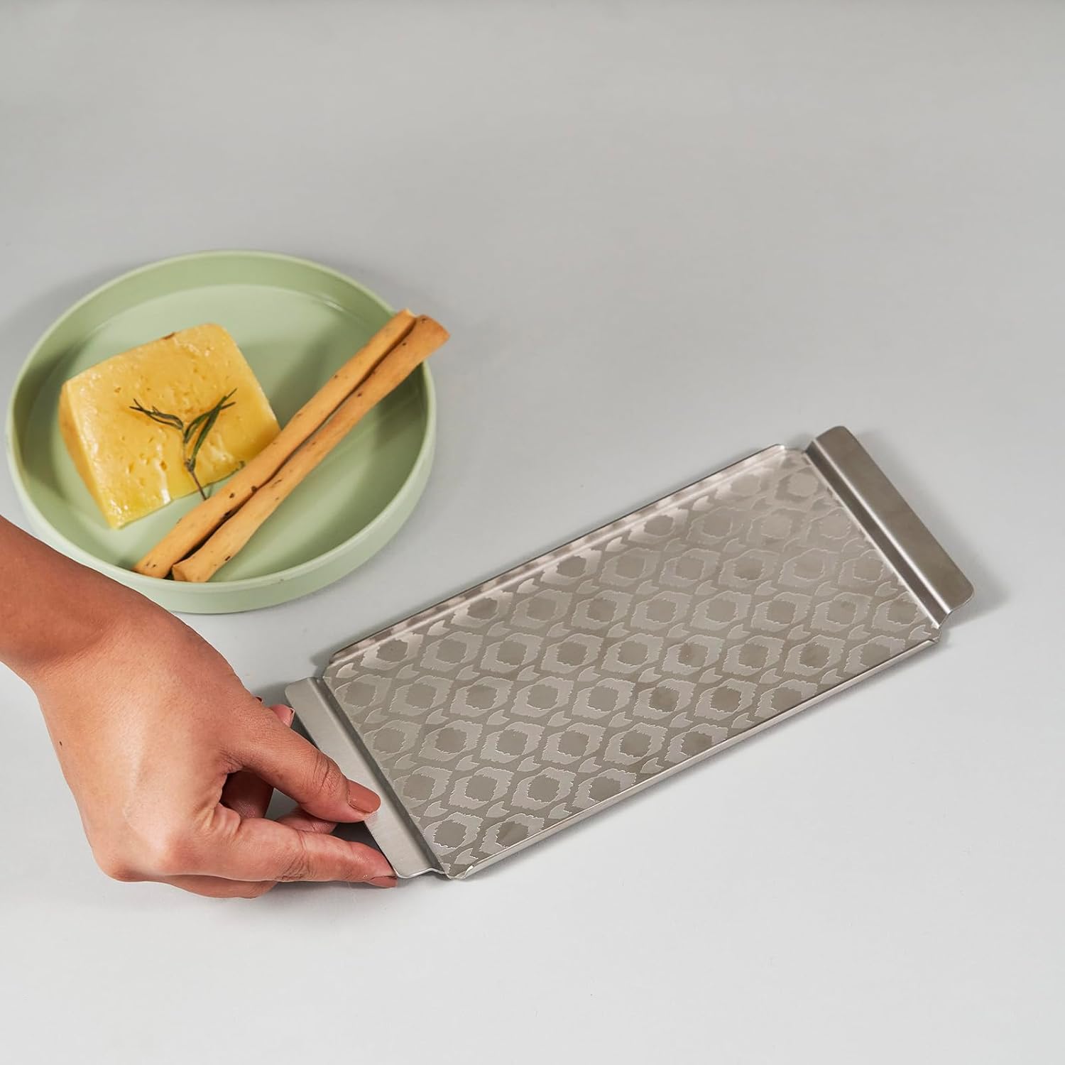 Designer Chrome Stainless Steel Small Tray - Ikat Series, Matt Finish | Corporate Gifting For Diwali - Multipurpose Serving Platter | Premium Serve Ware, Dinnerware & Tableware Designer Chrome Stainless Steel Small Tray - Ikat Series, Matt Finish | Corporate Gifting For Diwali - Multipurpose Serving Platter | Premium Serve Ware, Dinnerware & Tableware