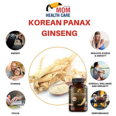 Mom Health Care Korean Ginseng For Men, Supports Brain Function, Help For Boosts Immunity, Relieves Stress For Muscles Pure & Organic | 90 Capsule 100gm 0.2lbs