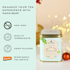 Makaibari Holiday Edition - Peppermint Bark Loose Leaf White Tea - 25gm Tin Caddy, 0.9 Ounce | USDA Certified Premium Tea - Low Caffeine White Tea | Anti-Oxidants, Immunity Booster