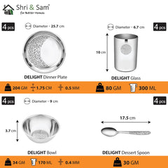 Designer Stainless Steel Delight Laser Bloom Dinner Set Of 16 Pieces, Silver | 4 Dinner Plates+ 4 Glasses+ 4 Bowls+ 4 Dessert Spoons