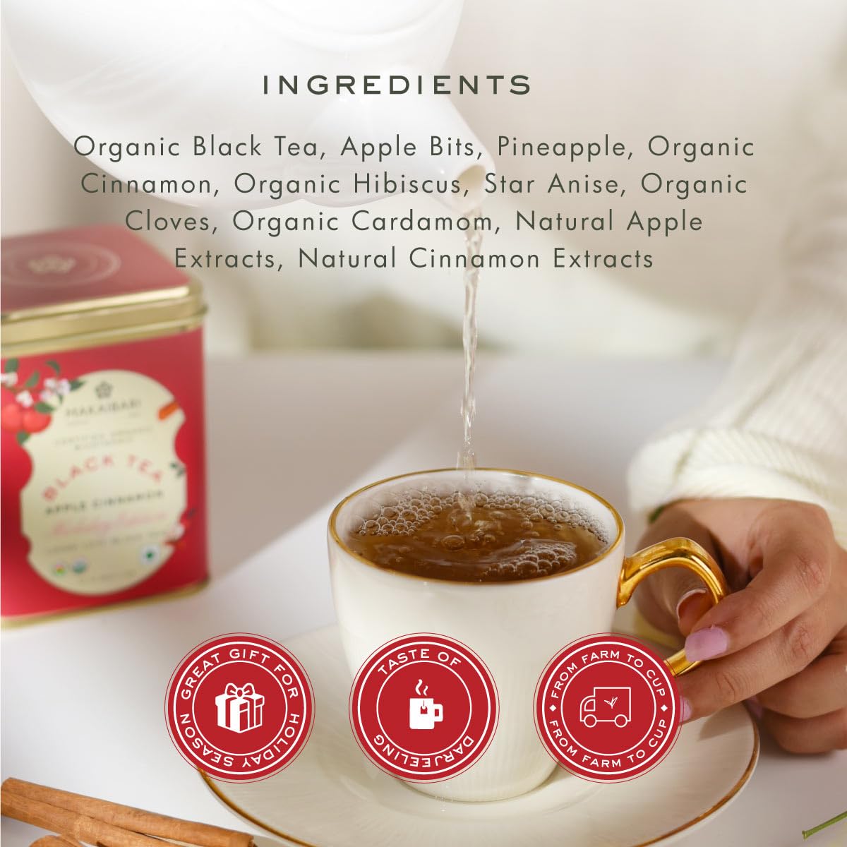 Makaibari Holiday Edition - Apple Cinnamon Loose Leaf Black Tea - 50gm Tin Caddy, 1.7 Ounce | USDA Certified Premium Tea - High Caffeine Black Tea | Anti-Oxidants, Immunity Booster Makaibari Holiday Edition - Apple Cinnamon Loose Leaf Black Tea - 50gm Tin Caddy, 1.7 Ounce | USDA Certified Premium Tea - High Caffeine Black Tea | Anti-Oxidants, Immunity Booster