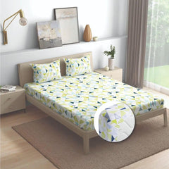 1 Double Bedsheet With 2 Matching Pillow Covers 72 X 48 Inches, White & Light Green | 200 Thread Count Durable & Long Lasting | All Around Elastic Fitted Sheet