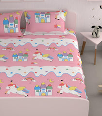 Cartoon Printed Double Bedsheet For Kids With 2 Pillow Cover - 72 X 78 X 10 Inches, Pink & White | Cotton Feel All Around Elastic Fitted King Size Double Bed