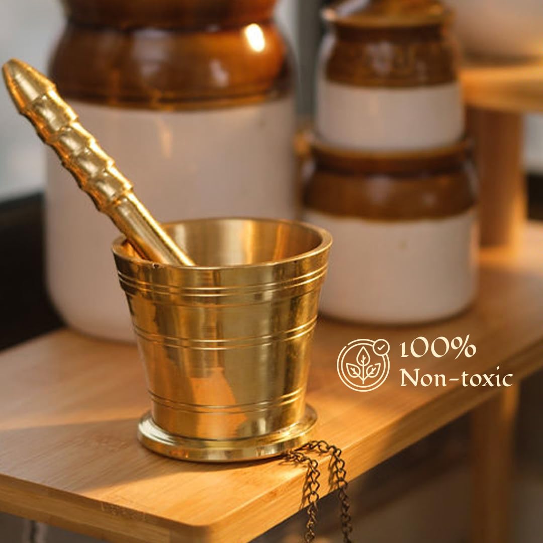 Golden Brass Mortar & Pestle (Okhli) | Traditional | Medicine - Vintage Antique | Imam Dasta - Mortar & Pestle Set - Ohkli Musal - Khara Golden Brass Mortar & Pestle (Okhli) | Traditional | Medicine - Vintage Antique | Imam Dasta - Mortar & Pestle Set - Ohkli Musal - Khara