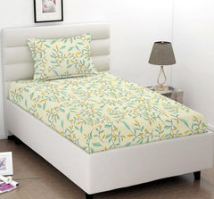 Bedsheet For Single Bed With 1 Pillow Cover - Size 90 X 60 Inches, Beige | Soft Touch Cotton Fabric-Comfortable & Durable | Elegant Printed Bedding Set For Daily Use