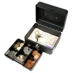 Steel Cash Box With Key Lock A Reliable Metal Money Organizer With Removable Tray & Lockable Cover 8 -Inch, Material - Metal, Colour - Black