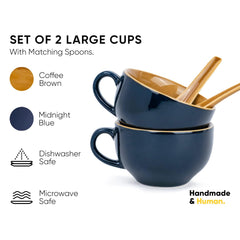 Ceramic Soup Bowl Set With Spoon Set Of 2 - Persian Blue, 350ml Each | Soup Mug - Soup Cup | 2 Soup Bowls + 2 Soup Spoons | Glossy Finish Ceramic Soup Bowls - Microwave Safe Soup Cup Set