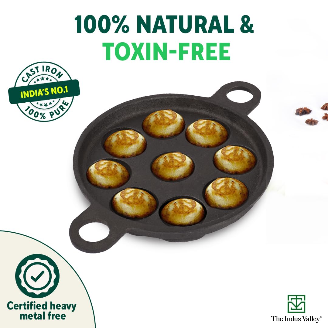 Super Smooth Black Cast Iron Paniyaram Pan - Small, 9 Pit, 8.2 Inch, 20.8 Cm, 2.7 Kg | Induction Friendly - Nonstick, Pre-Seasoned, 100% Pure & Toxin-Free, No Chemical Coating Super Smooth Black Cast Iron Paniyaram Pan - Small, 9 Pit, 8.2 Inch, 20.8 Cm, 2.7 Kg | Induction Friendly - Nonstick, Pre-Seasoned, 100% Pure & Toxin-Free, No Chemical Coating