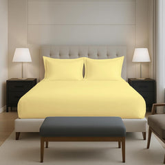 Cotton Elastic Fitted Bedsheets King Size Two Pillow Cover - 74 X 78 Inches, Yellow | Breathable & Smooth Bedding Wrinkles | Elegant Hotel Like Look