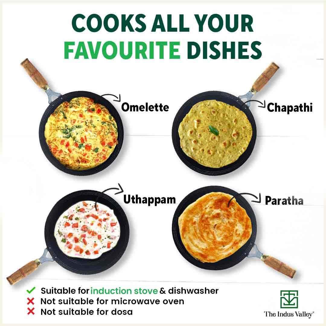 Pre-Seasoned Black Iron Tawa For Dosa, Chapathi With Wooden Handle - 27cm, 10.6 Inch, 0.95 Kg | Gas Stove Friendly, 100% Pure & Toxin-Free, No Chemical Coating Pre-Seasoned Black Iron Tawa For Dosa, Chapathi With Wooden Handle - 27cm, 10.6 Inch, 0.95 Kg | Gas Stove Friendly, 100% Pure & Toxin-Free, No Chemical Coating