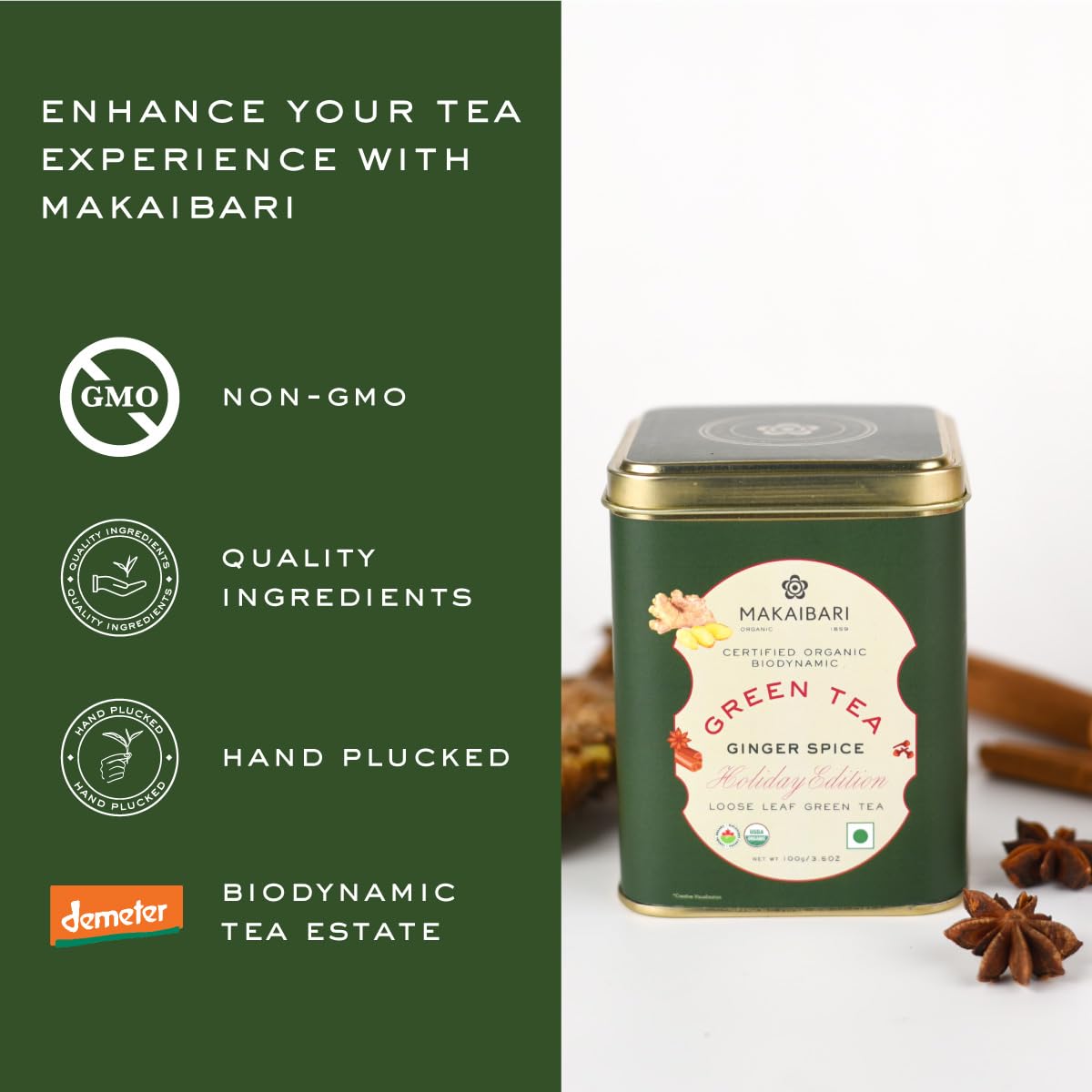 Makaibari Holiday Edition - Ginger Spice Loose Leaf Green Tea - 100gm Tin Caddy, 3.5 Ounce | USDA Certified Premium Tea - Low Caffeine Green Tea | Anti-Oxidants, Immunity Booster Makaibari Holiday Edition - Ginger Spice Loose Leaf Green Tea - 100gm Tin Caddy, 3.5 Ounce | USDA Certified Premium Tea - Low Caffeine Green Tea | Anti-Oxidants, Immunity Booster