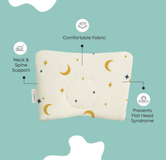 Premium Head Shaping Memory Foam Pillow, Moon & Stars Print - 33 X 23 X 4 Cm | Ultra-Soft & Breathable Fabric Pillow | Lightweight & Portable, Rectangle Deigns, Baby Pillow - 1 Piece