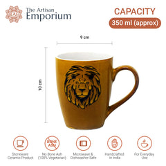 Handcrafted Lion Printed Ceramic Coffee Mug Set Of 2 - 350ml Each | Ceramic Mugs For Coffee, Tea, Milk - Microwave Safe & Dishwasher Safe