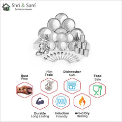 Designer Stainless Steel Delight Laser Bloom Leaf Dinner Set Of 36 Pieces, Silver | 6 Dinner Plates+ 6 Side Plates+ 6 Glasses+ 6 Bowls+ 6 Dessert Spoons+ 6 Dessert Fork