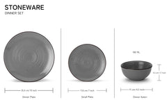 Hand Painted Ceramic Solid Dinner Set Of 18 - Grey | 6 Dinner Plates, 10 Inch Each+ 6 Small Plates, 7 Inch Each + 6 Small Dinner Bowls, 180ml Each - Microwave & Dishwasher Safe