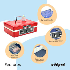 Imported Metal Cash Box With Dual Combination & Password Lock Medium Size Money Box For Cash, Jewellery Safe Locker With Removable Plastic Coin Tray, Colour - Red, Material - Metal