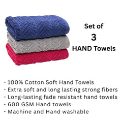 Stamio Cotton Hand Towels 600 Gsm | Home & Kitchen Use, Gym, Wash Basin, Sports | Soft, Absorbent, Quick Dry, Full Large Size (Set Of 3)- Navy Blue, Maroon Red & Grey