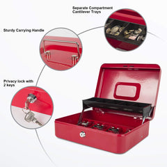 Locking Cash Box With Lock, Money Box With Cash Tray, Lock Safe Box With Key, Money Saving Organizer,11.81lx 9.45 Wx 3.54h Inches, Colour - Red Xl Large
