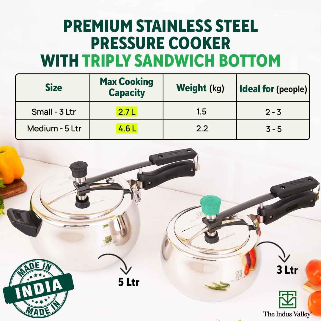Inner Lid Stainless Steel Pressure Cooker 5 Liters With Tri-Ply Sandwich Bottom - ISI Certified, 5 Year Warranty Inner Lid Stainless Steel Pressure Cooker 5 Liters With Tri-Ply Sandwich Bottom - ISI Certified, 5 Year Warranty