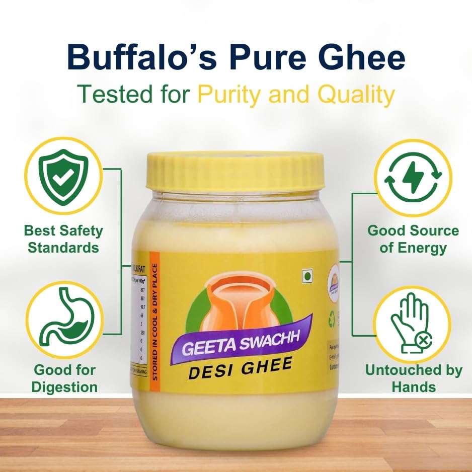 Organic Buffalo Desi Ghee By Geeta Swachh | Natural & Healthy Curd-Churned Desi Ghee Ideal For Cooking | (1 Litre) 33.8 Ounce | Jar Pack Organic Buffalo Desi Ghee By Geeta Swachh | Natural & Healthy Curd-Churned Desi Ghee Ideal For Cooking | (1 Litre) 33.8 Ounce | Jar Pack